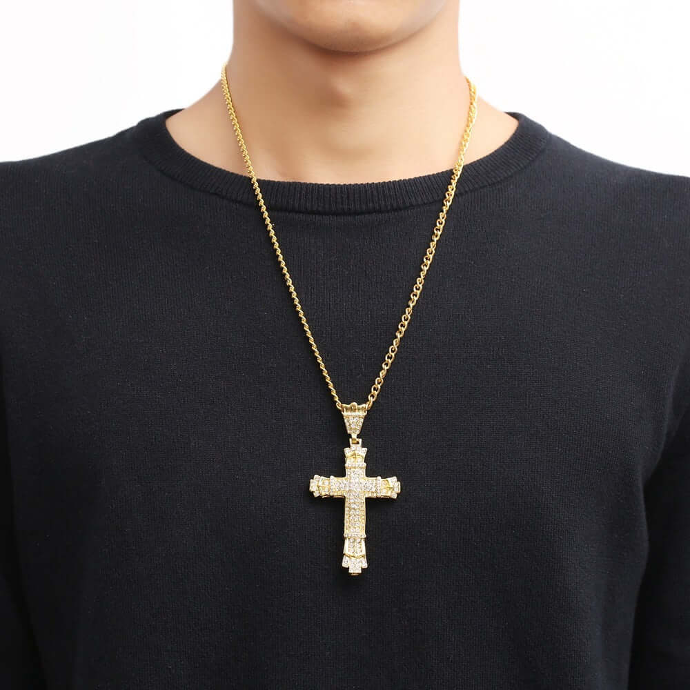 Elegant gold iced cross necklace for men, showcasing luxury and style.