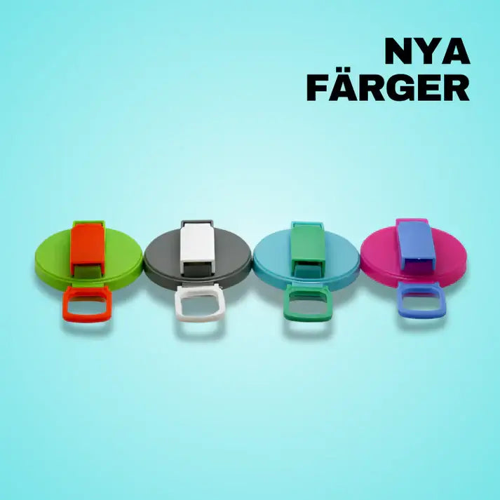 Spillfri dryckesburklock i nya färger: grön, röd, svart, blå och lila.