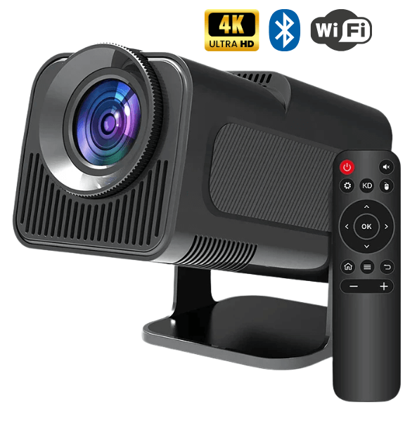 Mini Pro 2 smart projektor med 4K Ultra HD, Bluetooth, WiFi och fjärrkontroll för hemunderhållning.