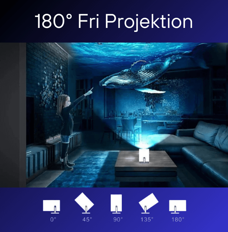 Mini projektor med 180° fri projektion, perfekt för att skapa fantastiska visningsupplevelser i hemmet.