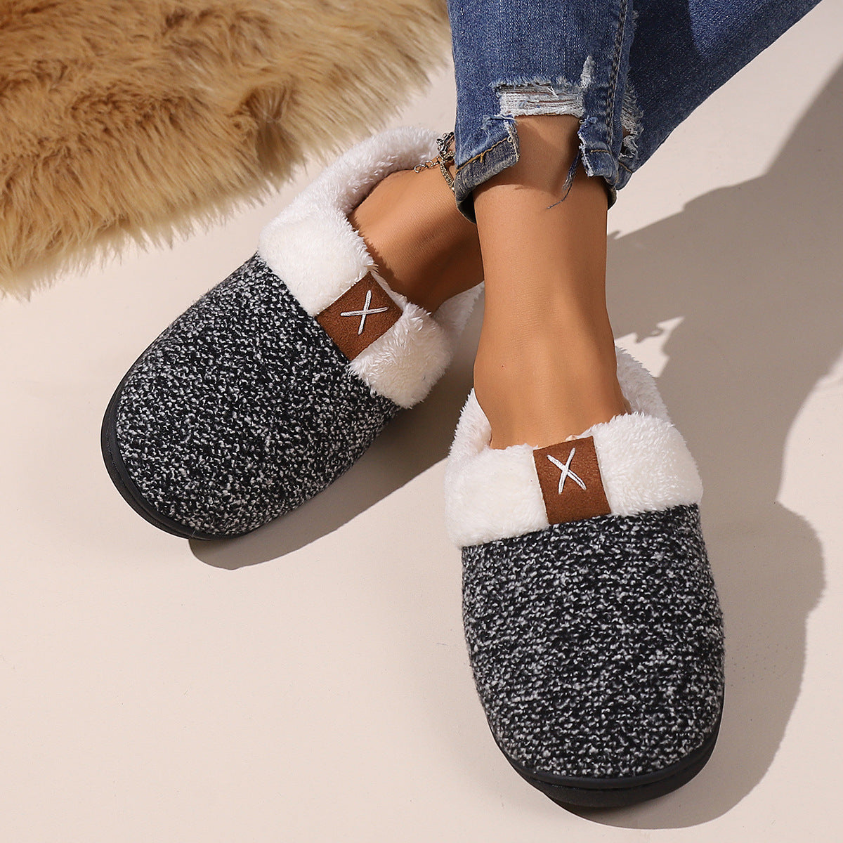 Warm plush winter slippers with luxury design, providing ultimate warmth and comfort for home use.