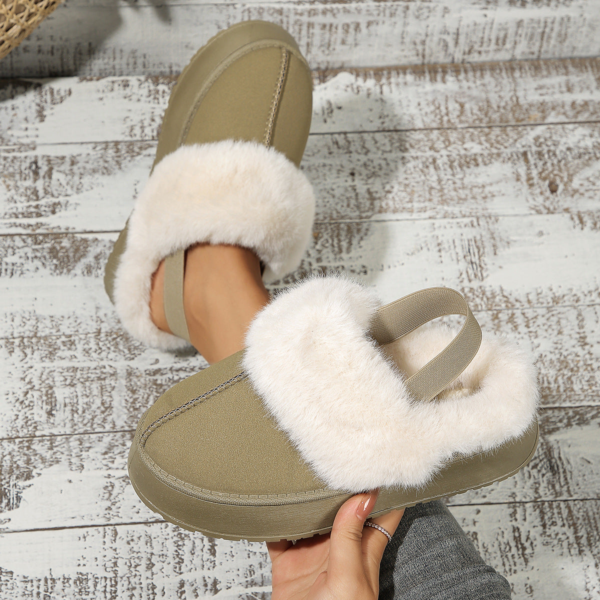 Cozy winter slippers with elastic heel band in beige, providing warmth and comfort for cold nights.