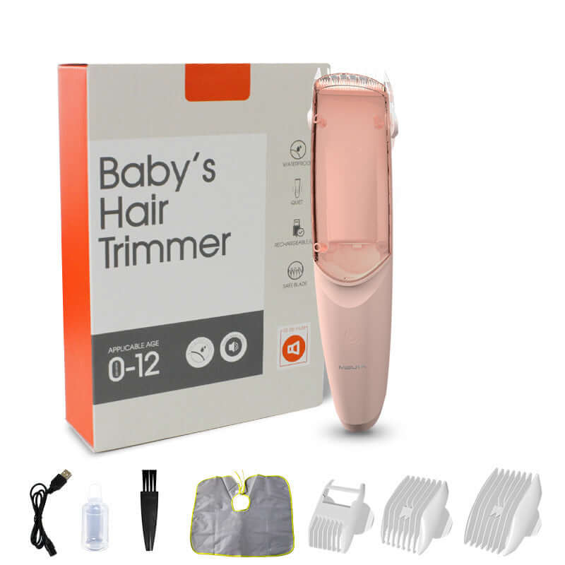 BabyTrim electric hair trimmer with accessories and packaging designed for stress-free children's haircuts.