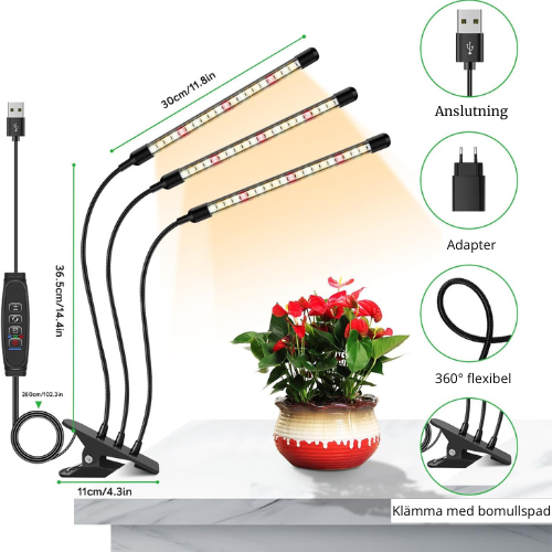 3-armad LED Växtlampa med Fullspektrum och Timer – Flexibel Odlingsbelysning för Inomhusbruk fyndonline