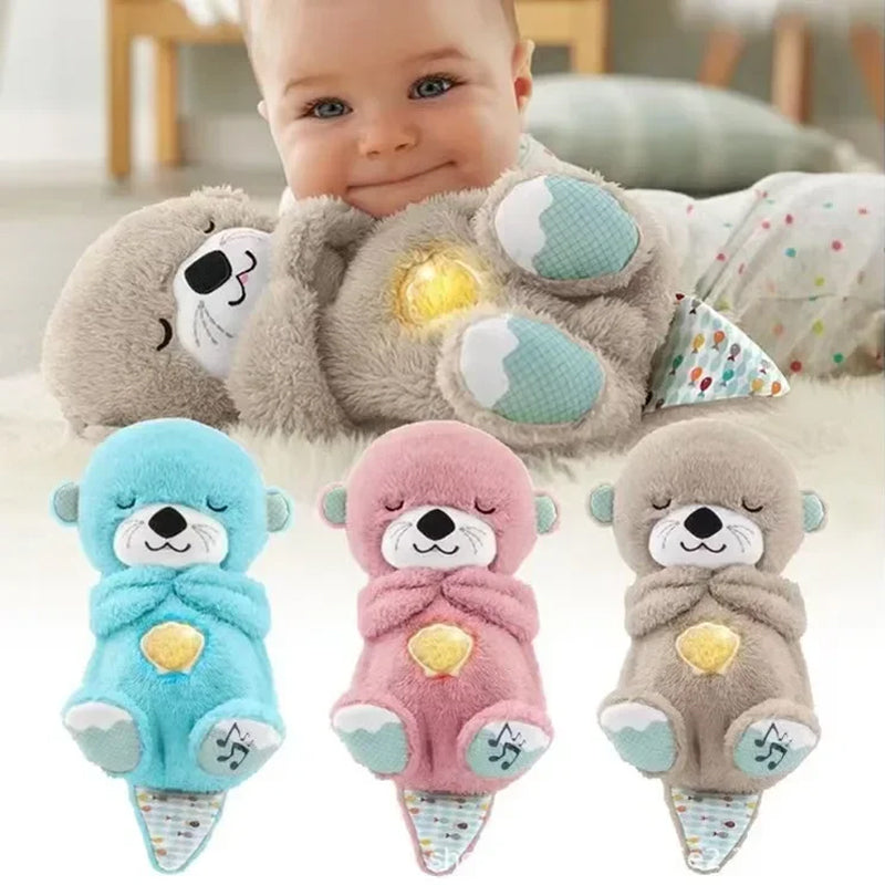 Baby cuddling glowing teddy bear with soothing features in beige, pink, and blue colors, promoting comfort and emotional development.