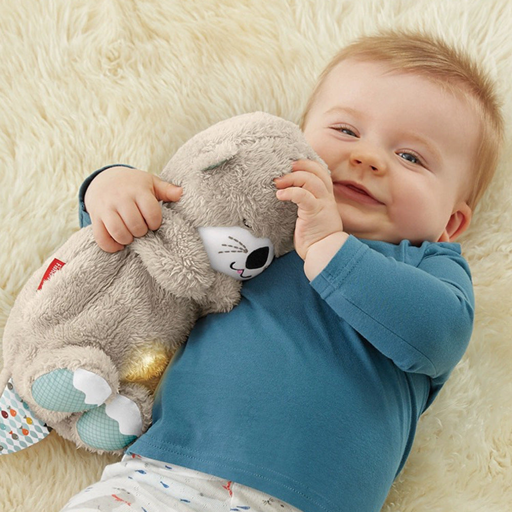 Baby cuddling Lugnande nalle, promoting comfort and emotional development, lying on a soft blanket.