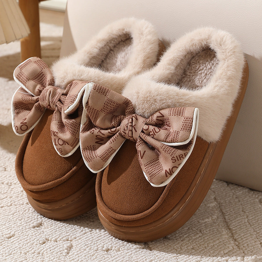 Fluffy winter slippers with bow for home warmth and style