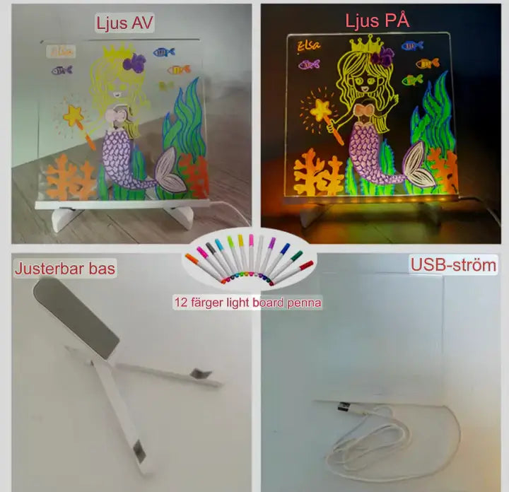 LED belyst akryl skrivtavla med färgglada teckningar, justerbar bas och USB-ström, perfekt för kreativitet och organisation.