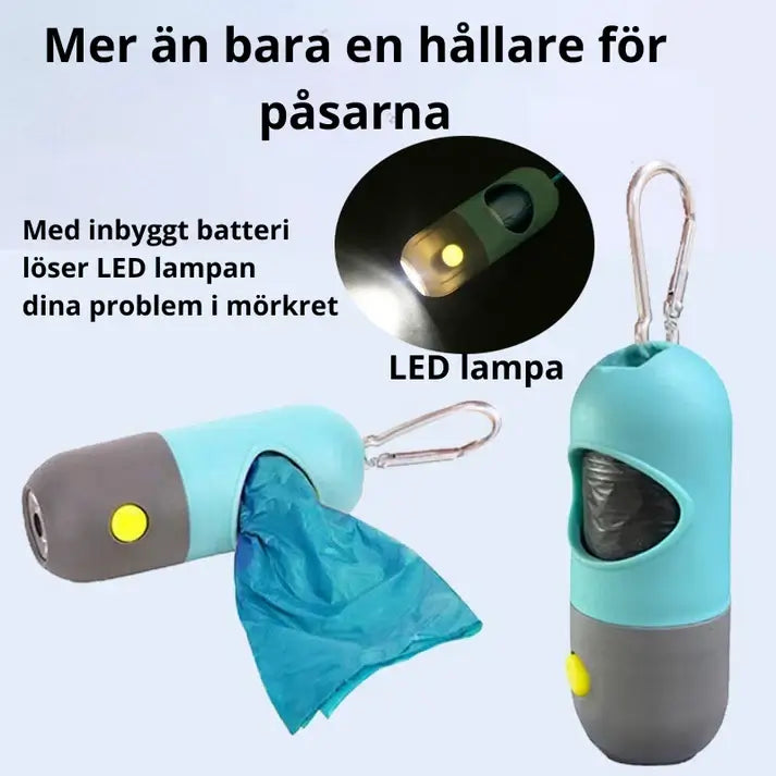 PooPal™ hundbajspåsehållare med LED-lampa i praktisk design, perfekt för mörka hundpromenader.