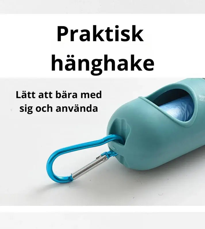 Praktisk hundbajspåsehållare med hängkrok och enkel dispenser för smidig användning.