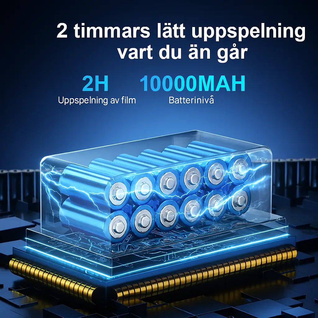 Illustration av Mini Pro 6 projektorns 10000mAh batterikapacitet som ger upp till 2 timmars filmuppspelning.