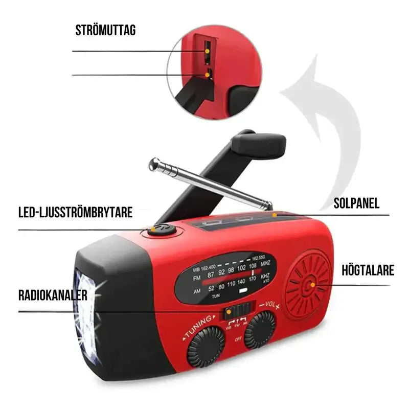 Nödradio med vev, solpanel, LED-lampa och radiokanaler för nödsituationer och strömavbrott.