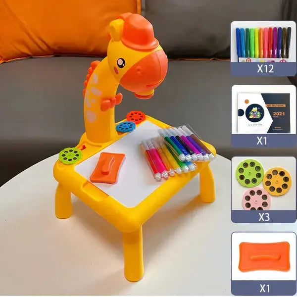 Projektor ritbord för barn med giraffdesign, färgglada pennor och tillbehör för kreativt lärande.