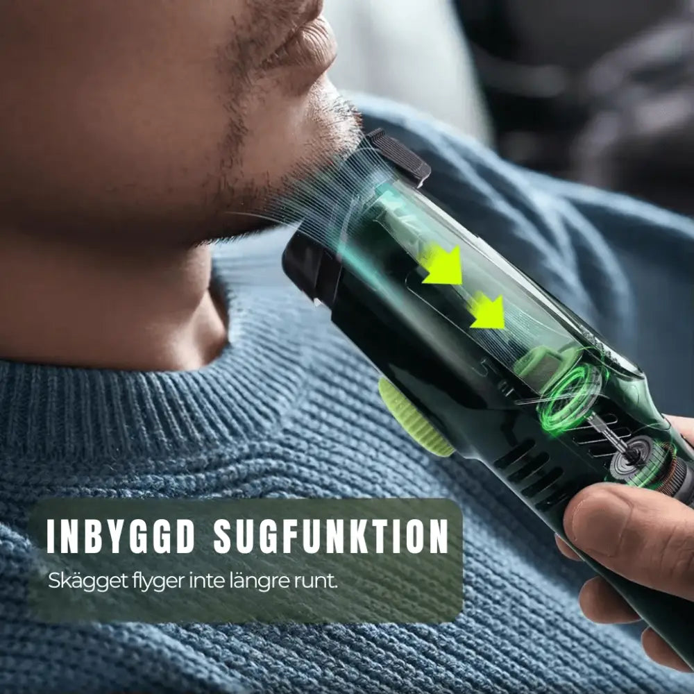 Skäggtrimmer Vacuum Pro med inbyggd vakuumfunktion som fångar upp hår under trimningsprocessen.