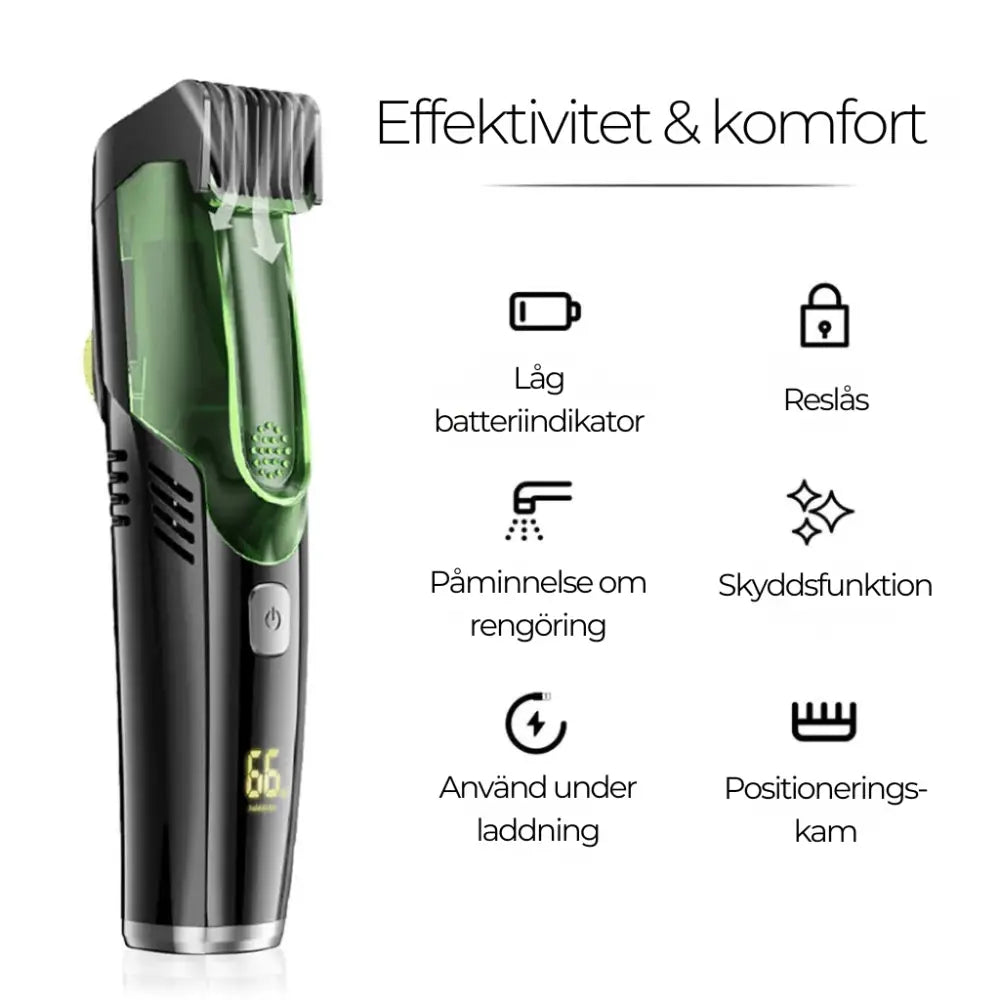 Skäggtrimmer Vacuum Pro med vakuumfunktion och batteriindikator för effektiv trimning och enkel rengöring.