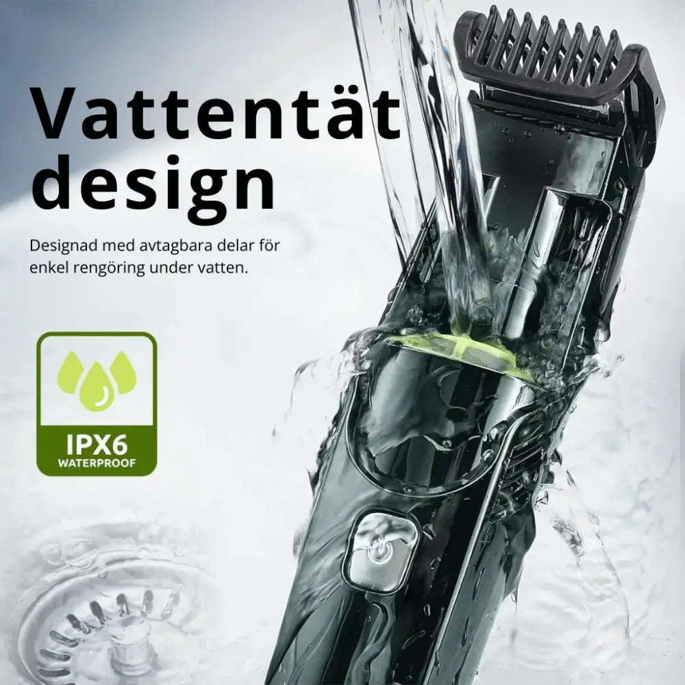 Skäggtrimmer Vacuum Pro med vattentät design för enkel rengöring under vatten.