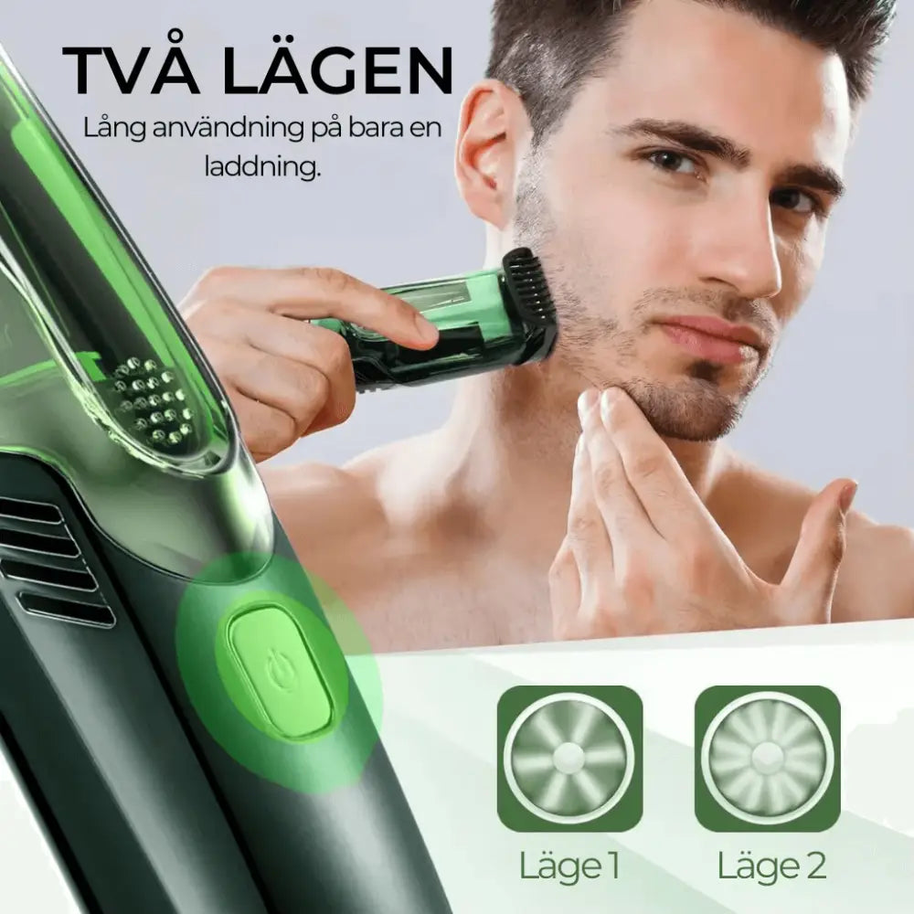 Man använder Skäggtrimmer Vacuum Pro med kraftfull vakuumfunktion för en ren trimning.