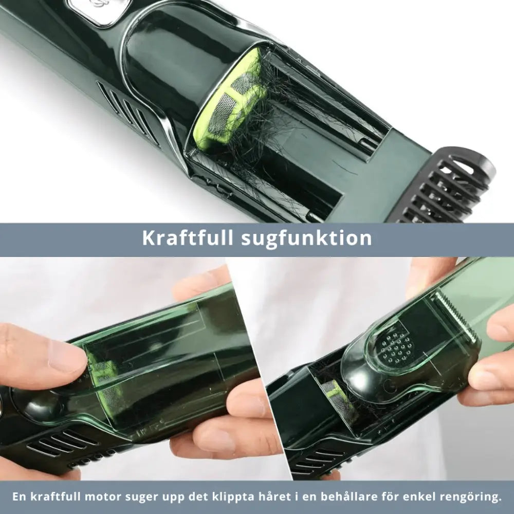 Skäggtrimmer Vacuum Pro med kraftfull sugfunktion som fångar upp hår för enkel rengöring.